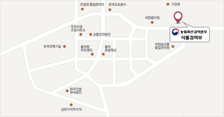 김천구미역 KTX에서 김천구미역 정류장까지 우측으로 43m 이동 → 12-6번 버스 승차 후 종상 정류장에서 하자 → 농림축산검역본부까지 좌측으로 약 369m 이동